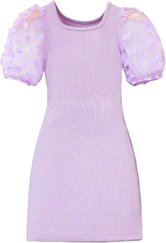 WDIRARA Girl's Contrast Mesh Appliques Rib Knit Round Neck Short Puff Sleeve Midi Dress in Saudi Arabia