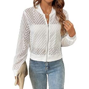 Milumia Women's Zip Up Sheer Long Sleeve Bomber Jacket Hollow Out Lightweight Jackets in Saudi Arabia