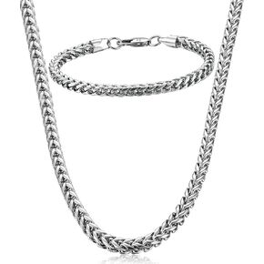 FIBO STEEL Stainless Steel Wheat Chain Necklace for Men Necklace Bracelet Jewelry Set 5mm in Width, 22" 8.5"