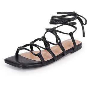 PiePieBuy Womens Lace up Square Toes Flat Sandals with Ankle Strap Summer Criss-Cross Gladiator Shoes