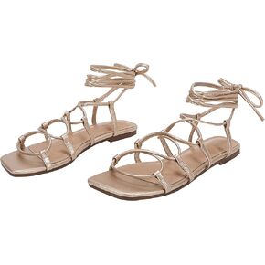 PiePieBuy Womens Lace up Strappy Sandals Criss-Cross Flat Gladiator Sandals Ankle Strap Square Toes Summer Shoes in Saudi Arabia