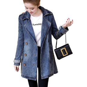 معطف ZLSLZ نسائي عتيق لطيف مزدوج الصدر بياقة طويلة من قماش الدنيم in Kuwait