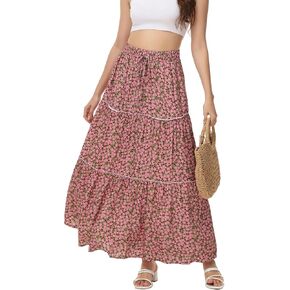 تنورة ماكسي نسائية من MCEDAR بتصميم A Line بطباعة ورود وخصر مطاطي تنانير طويلة برباط مع جيوب in Kuwait