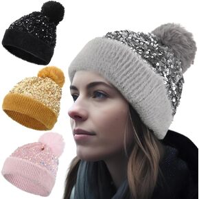 Suhine 4 Pcs Women Sequin Beanie Winter Hat Knitted Beanie Hat with Removable Faux Fur Pompom, Warm Sequin Hat Bling Hats for Women Beanie with Pom Knit Skull Cap, 4 Colors Colorful in Saudi Arabia