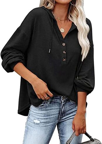 Womens Hooded Button Collar Drawstring Hoodies Pullover Sweatshirts Casual Long Sleeve Top Shirts in Kuwait