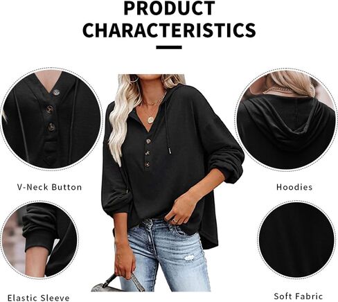 Womens Hooded Button Collar Drawstring Hoodies Pullover Sweatshirts Casual Long Sleeve Top Shirts in Kuwait