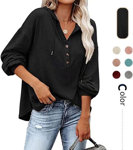 Womens Hooded Button Collar Drawstring Hoodies Pullover Sweatshirts Casual Long Sleeve Top Shirts in Kuwait