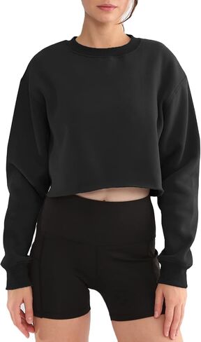 Amazhiyu Women' s Pullover Cropped Sweatshirt Crew Neck Long Sleeve Fleece Crop Tops in Kuwait