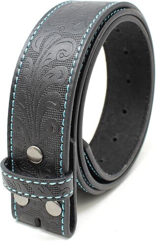 BC Belts Leather Belt Strap with Teal Stitching and Embossed Western Scrollwork 1.5" Wide with Snaps in Saudi Arabia