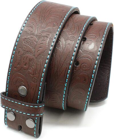 BC Belts Leather Belt Strap with Teal Stitching and Embossed Western Scrollwork 1.5" Wide with Snaps in Saudi Arabia