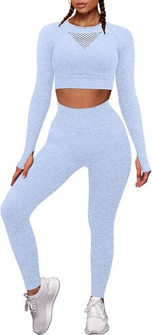 OYS Workout Sets for Women 2 Piece Outfits Seamless High Waist Yoga Leggings Long Sleeve Crop Tops Active Gym Clothes in Saudi Arabia