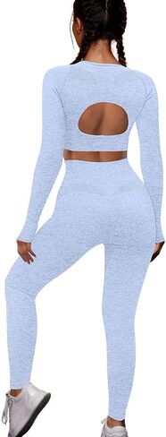 OYS Workout Sets for Women 2 Piece Outfits Seamless High Waist Yoga Leggings Long Sleeve Crop Tops Active Gym Clothes in Saudi Arabia