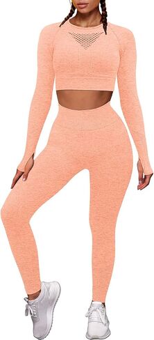OYS Workout Sets for Women 2 Piece Outfits Seamless High Waist Yoga Leggings Long Sleeve Crop Tops Active Gym Clothes in Saudi Arabia