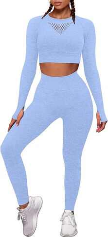 OYS Workout Sets for Women 2 Piece Outfits Seamless High Waist Yoga Leggings Long Sleeve Crop Tops Active Gym Clothes in Saudi Arabia