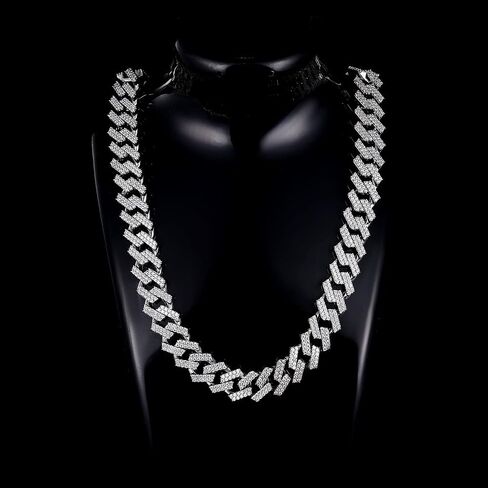 Gemsme Full Iced Out Cubic Zirconia Cuban Link Chain Hip Hop 18K White Gold Plated Miami Cuban Link Chain Necklace for Men Women in Saudi Arabia