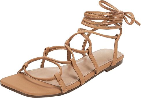 PiePieBuy صنادل نسائية مسطحة بأربطة وأصابع مربعة مع حزام للكاحل صيفي متقاطع in Kuwait