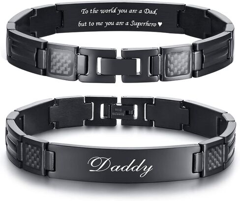Hisatan Fathers Bracelet Gifts for Dad, Personalized Adjustable Stainless Steel Bracelets for Men, Masculine Carbon Fiber Link Mens Daddy Bracelet Birthday Wristband Gift from Daughter Son Wife in Saudi Arabia