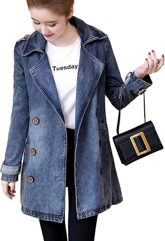 معطف ZLSLZ نسائي عتيق لطيف مزدوج الصدر بياقة طويلة من قماش الدنيم in Kuwait