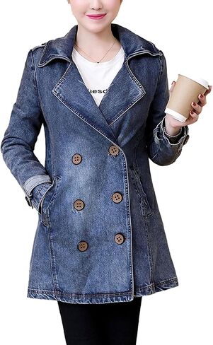 معطف ZLSLZ نسائي عتيق لطيف مزدوج الصدر بياقة طويلة من قماش الدنيم in Kuwait