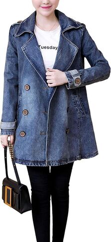 معطف ZLSLZ نسائي عتيق لطيف مزدوج الصدر بياقة طويلة من قماش الدنيم in Kuwait