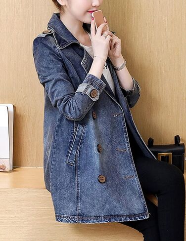 معطف ZLSLZ نسائي عتيق لطيف مزدوج الصدر بياقة طويلة من قماش الدنيم in Kuwait