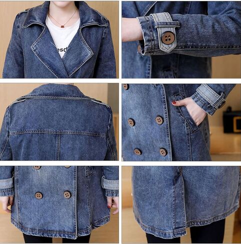 معطف ZLSLZ نسائي عتيق لطيف مزدوج الصدر بياقة طويلة من قماش الدنيم in Kuwait