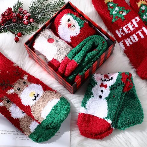 Haysandy 6 Pairs Christmas Fuzzy Socks Gift Pack Xmas Holiday Fluffy Socks Women Men Kids Winter Warm Slipper Socks Stretchy Novelty Funny Colorful Crew Socks Bulk in Saudi Arabia