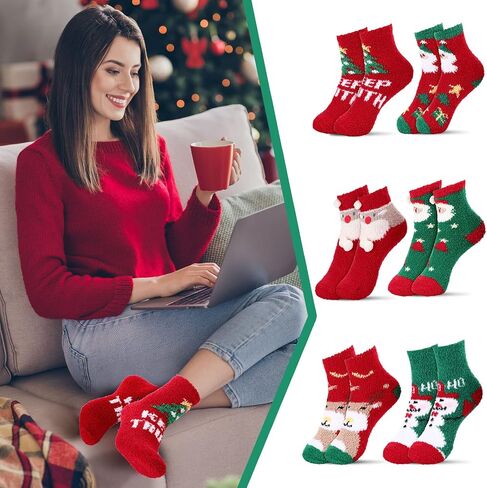 Haysandy 6 Pairs Christmas Fuzzy Socks Gift Pack Xmas Holiday Fluffy Socks Women Men Kids Winter Warm Slipper Socks Stretchy Novelty Funny Colorful Crew Socks Bulk in Saudi Arabia