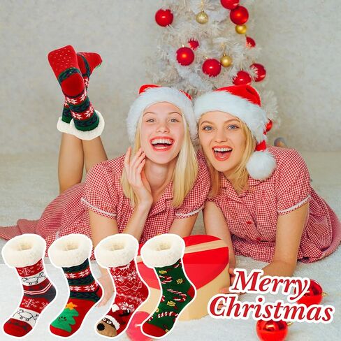 Suhine 4 Pairs Christmas Women's Fuzzy Slipper Socks Christmas Slipper Socks Thick Warm Xmas Slipper Socks for Christmas Presents, Winter Party Supplies in Kuwait