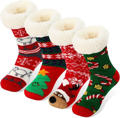 Suhine 4 Pairs Christmas Women's Fuzzy Slipper Socks Christmas Slipper Socks Thick Warm Xmas Slipper Socks for Christmas Presents, Winter Party Supplies in Kuwait