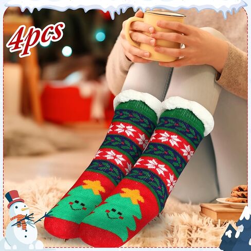 Suhine 4 Pairs Christmas Women's Fuzzy Slipper Socks Christmas Slipper Socks Thick Warm Xmas Slipper Socks for Christmas Presents, Winter Party Supplies in Kuwait