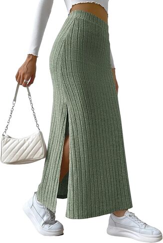 تنورة Aossfre النسائية ذات فتحة جانبية مضلعة ضيقة عالية الخصر كاجوال طويلة in Kuwait