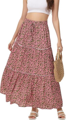 تنورة ماكسي نسائية من MCEDAR بتصميم A Line بطباعة ورود وخصر مطاطي تنانير طويلة برباط مع جيوب in Kuwait