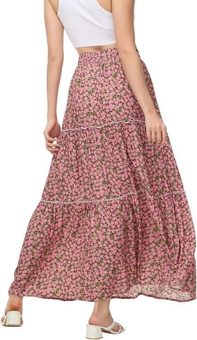 تنورة ماكسي نسائية من MCEDAR بتصميم A Line بطباعة ورود وخصر مطاطي تنانير طويلة برباط مع جيوب in Kuwait