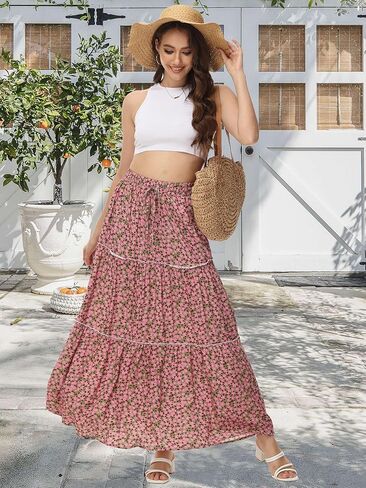 تنورة ماكسي نسائية من MCEDAR بتصميم A Line بطباعة ورود وخصر مطاطي تنانير طويلة برباط مع جيوب in Kuwait