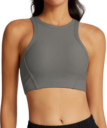 colorskin Womens Racerback High Neck Sports Bra - Longline Ribbed Medium Support Padded Yoga Workout Crop Tank Tops in Saudi Arabia