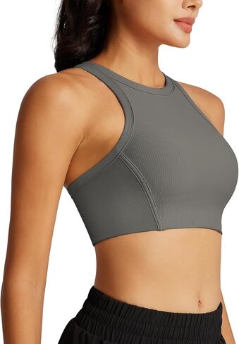 colorskin Womens Racerback High Neck Sports Bra - Longline Ribbed Medium Support Padded Yoga Workout Crop Tank Tops in Saudi Arabia