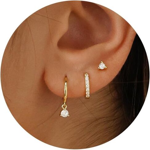 Freekiss 3 Pairs Gold Hoop Earrings Set: Dainty Stud Earrings Trendy Small 14K Gold Plated Hypoallergenic Dangle Cartilage Huggie Hoop Earrings for Women Gold Jewelry for Women Girls Gifts in Kuwait