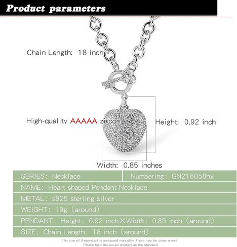 Dankadi New Women's 925 Sterling Silver Necklace Noble Heart Pendant Necklace Solid Silver Rolo Chain 17-19'' Birthday Party Jewelry Necklace Accessories in Saudi Arabia