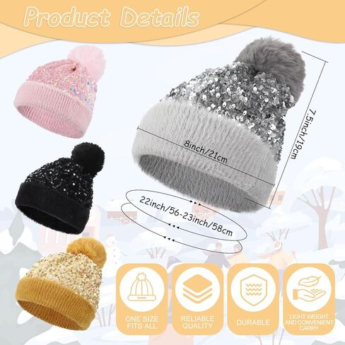 Suhine 4 Pcs Winter Sequin Beanie Hat Knitted Beanie Hat with Removable Faux Fur Pompom, Warm Sequin Hat Bling Hats for Women Beanie with Pom Knit Cap Beanie, 4 Colors Colorful in Saudi Arabia