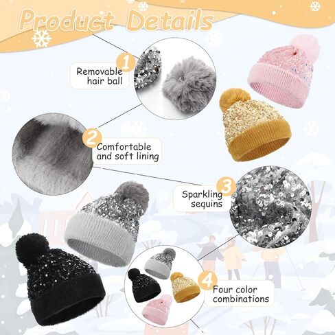 Suhine 4 Pcs Winter Sequin Beanie Hat Knitted Beanie Hat with Removable Faux Fur Pompom, Warm Sequin Hat Bling Hats for Women Beanie with Pom Knit Cap Beanie, 4 Colors Colorful in Saudi Arabia