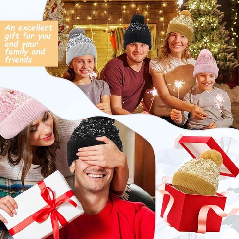 Suhine 4 Pcs Winter Sequin Beanie Hat Knitted Beanie Hat with Removable Faux Fur Pompom, Warm Sequin Hat Bling Hats for Women Beanie with Pom Knit Cap Beanie, 4 Colors Colorful in Saudi Arabia