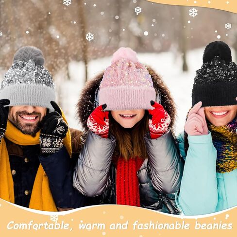 Suhine 4 Pcs Winter Sequin Beanie Hat Knitted Beanie Hat with Removable Faux Fur Pompom, Warm Sequin Hat Bling Hats for Women Beanie with Pom Knit Cap Beanie, 4 Colors Colorful in Saudi Arabia