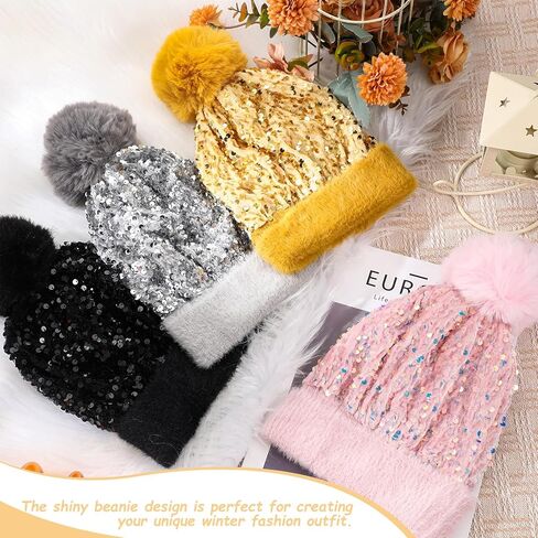 Suhine 4 Pcs Winter Sequin Beanie Hat Knitted Beanie Hat with Removable Faux Fur Pompom, Warm Sequin Hat Bling Hats for Women Beanie with Pom Knit Cap Beanie, 4 Colors Colorful in Saudi Arabia