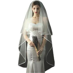 SKXKJ Bridal Veil 2 Tier Fingertip Veil Comb for Women With Satin Edge in Saudi Arabia