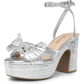 DREAM PAIRS Women's Chunky Platform Heels Sandals Pleated Bow Knot Ankle Buckle Strap Heeled Sandals Open Toe Comfortable Wedding Party Dress Shoes