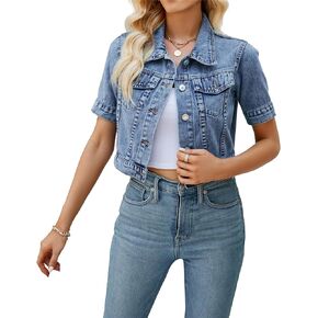Womens Short Sleeve Denim Jacket Lapel Button Down Cropped Trucker Jean Jackets Coats