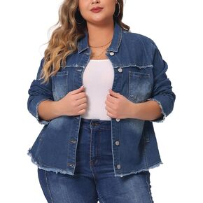 Agnes Orinda Plus Size Denim Jacket for Women Frayed Hem Classic Washed 2023 Denim Jean Jackets