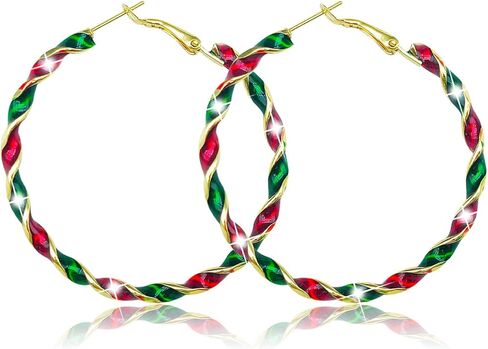 MAQVQLU Christmas Earrings for Women Christmas Ornament Wreath Twist Hoop Earrings Christmas Red Green Colorful Huggie Hoops Earrings Christmas Holiday Earrings for Girls in Kuwait