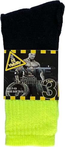 Men's Neon Yellow & Black Crew Socks for Work or Play, 3 Pairs, Neon Yellow / Black, L in Saudi Arabia